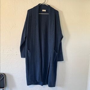 Poetry Dark Navy Long Open-Front Cardigan with Pockets. 100% cashmere